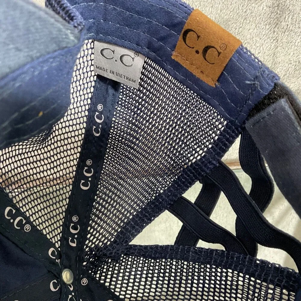 C.C Exclusive Hello Sunshine Patch Ponytail Baseball Cap Distressed Mesh Trucker